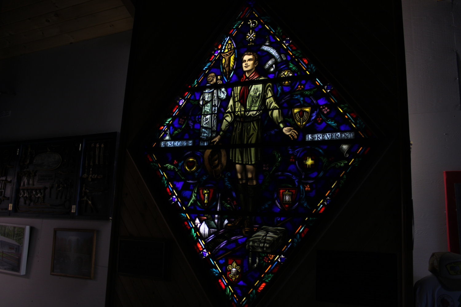 A stained glass window from the immaculate Heart of Mary Church, moved to the museum by volunteers in 2004.